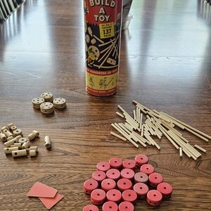 Vintage (1951) Pixie Build A Toy Set. 100 pieces In The Original Container.